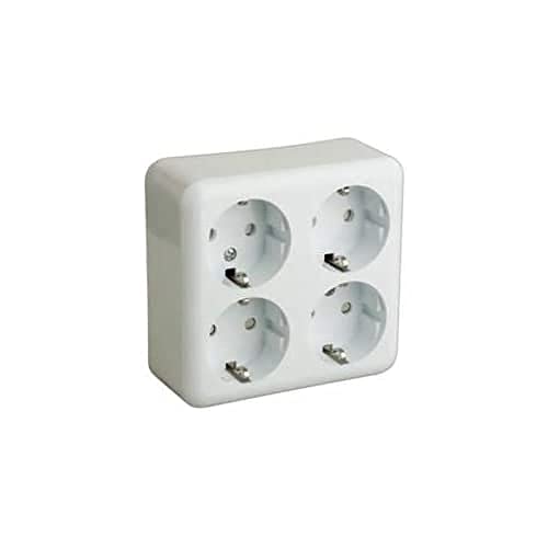 base schuko de 4 tomas de superficie, ideal para hogares y oficinas. Diseñada para proporcionar múltiples conexiones eléctricas de manera segura y eficiente. ¡Optimiza tu espacio!