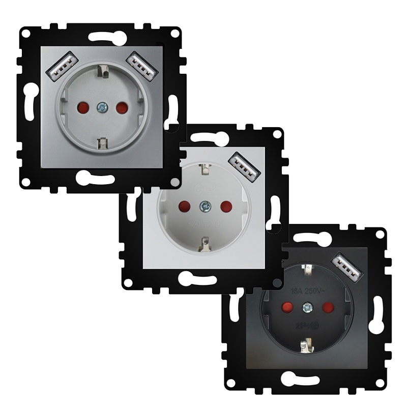 enchufe empotrable tipo schuko negro con usb - ideal para carga de dispositivos y uso en mobiliario eléctrico moderno.