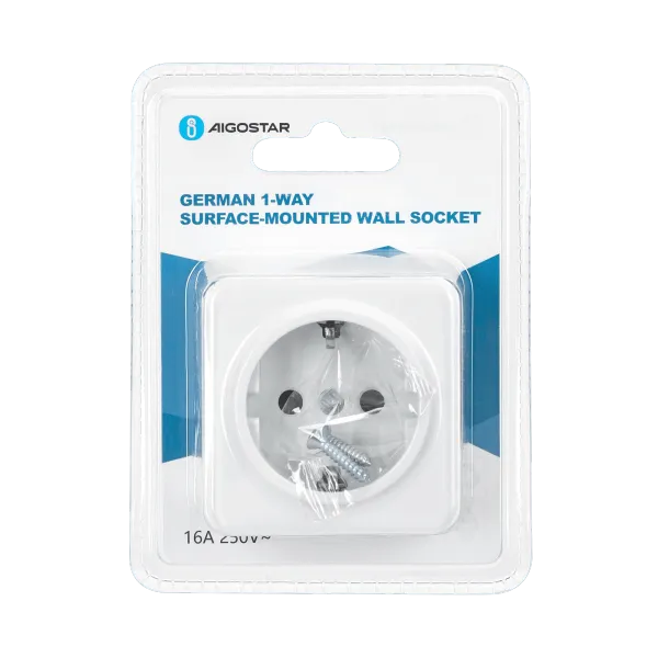 enchufe de montaje en superficie de 1 vía, color blanco, ideal para instalaciones eléctricas en interiores y exteriores.