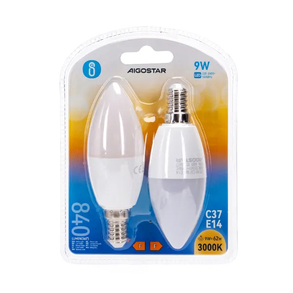bombilla led c37 e14 9w, 2 unidades, bajo consumo, larga duración; ideal para iluminación doméstica y decorativa.