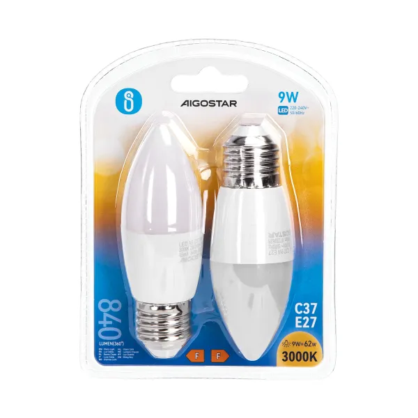 bombilla led c37 e27 9w, pack de 2, eficiencia energética, larga duración, ideal para iluminación en hogares y oficinas.