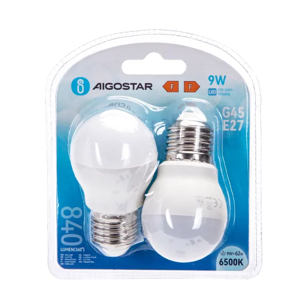 bombilla led g45 e27 9w, pack de 2, bajo consumo, larga duración, ideal para iluminación ambiental y decoración.