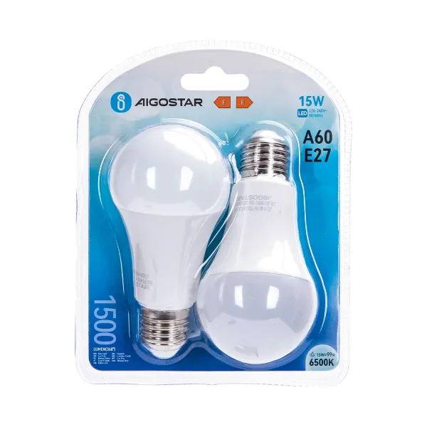 bombilla led a60 e27 15w, pack de 2, luz eficiente, larga duración, ideal para iluminación general en hogares y oficinas.