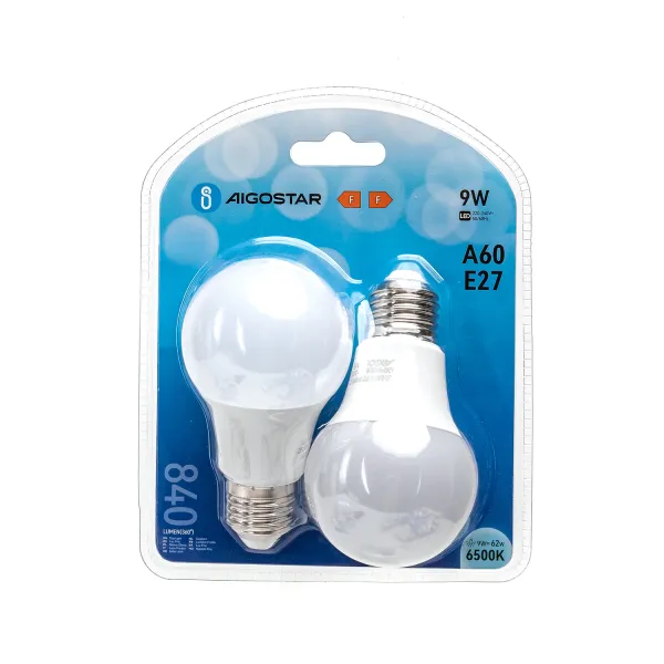 bombilla led a60 e27 9w, 2 unidades, eficiencia energética, luz blanca, ideal para iluminación general en el hogar.