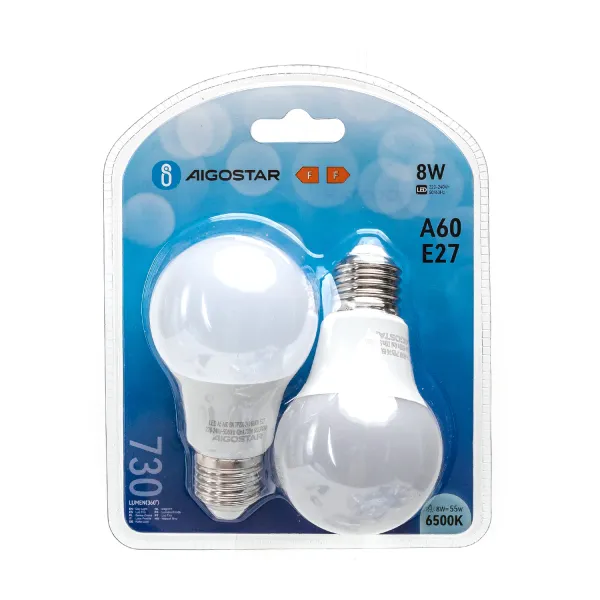 bombilla led a60 e27 8w, pack de 2, ahorro energético, larga duración, ideal para iluminación general y ambiental.