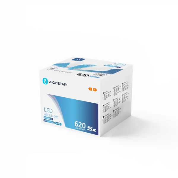bombilla led e14 7w 6500k, ángulo amplio, 5 unidades en caja de color, ideal para iluminación general y ahorro energético.