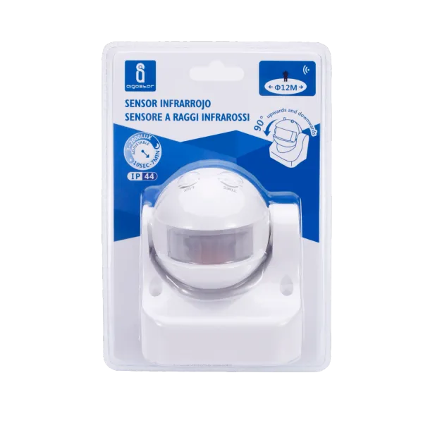 detector de movimiento infrarrojo de pared, color blanco, instalación sencilla, ideal para seguridad y automatización de espacios.