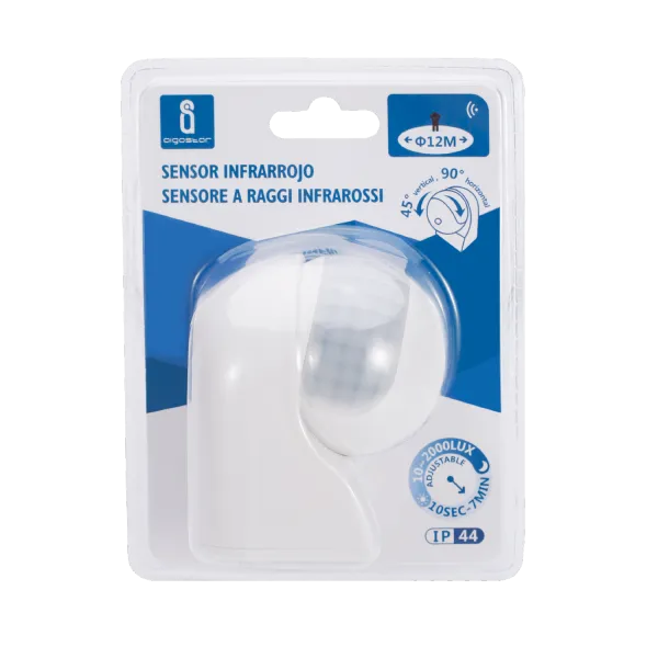 detector de movimiento infrarrojo para pared, blanco, con ajuste de sensibilidad y alcance; ideal para seguridad y control de iluminación.