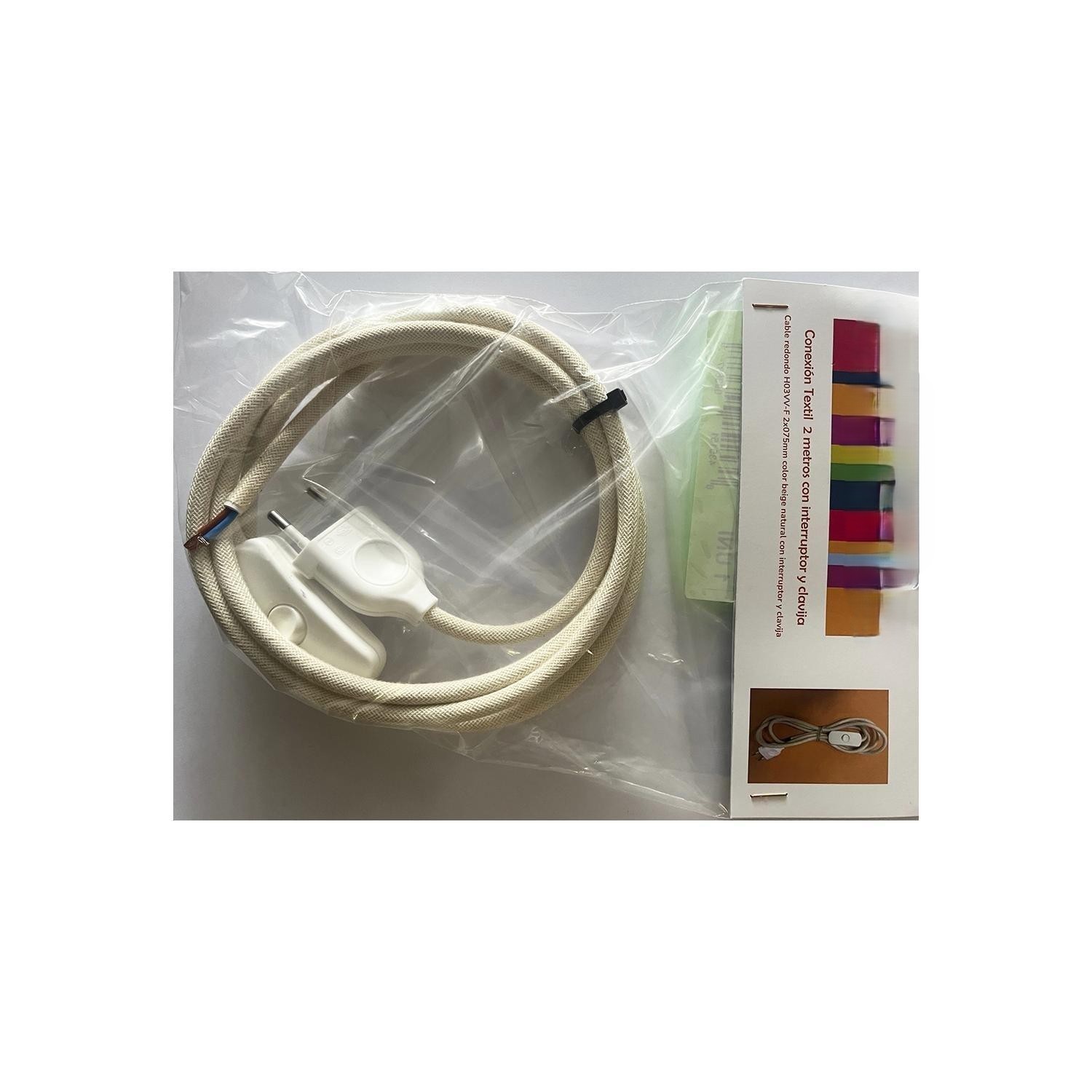 kit de cable textil de algodón de 2 metros, 2 x 0.75 mm, con clavija e interruptor blanco, ideal para instalaciones eléctricas decorativas.