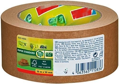 cinta de embalar ecológica de papel 50m x 50mm, ideal para embalar y sellar paquetes respetando el medio ambiente.