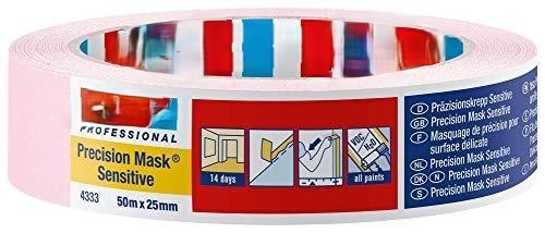 cinta de precisión adherente, 50m x 25mm, ideal para trabajos de pintado y acabados finos en manualidades y proyectos de bricolaje.