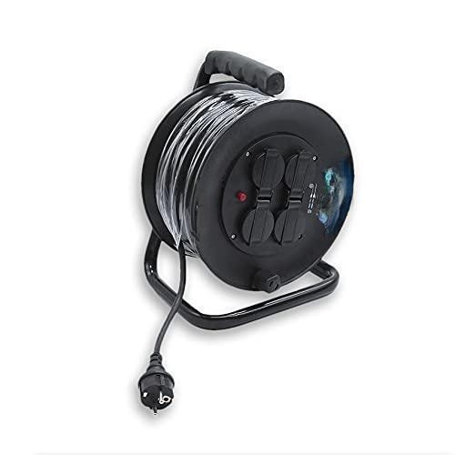 enrollacables extensible de 25m, 4 tomas, 3x1,5mm, 3600w, ideal para uso en talleres, oficinas y para uso doméstico.